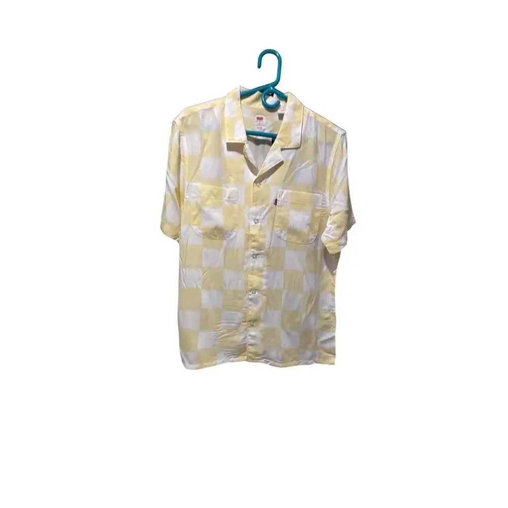 Levi's Relaxed Fit Checkerboard Short Sleeve Camp Shirt Yellow White SZ‎ S NWT